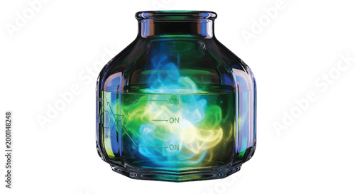 Octagonal glass jar containing swirling luminous blue green yellow liquids with liquid effect color splash swirling luminous abstract chemical
