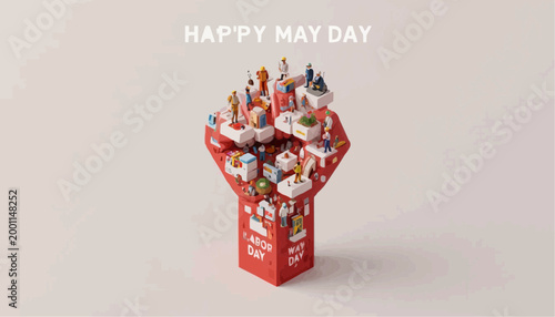 Strong red fist unites diverse workers symbolizing unity. Bold text celebrates May Day with clear, celebratory tone. Workers depicted in gear, tools, and hats reflect labor pride