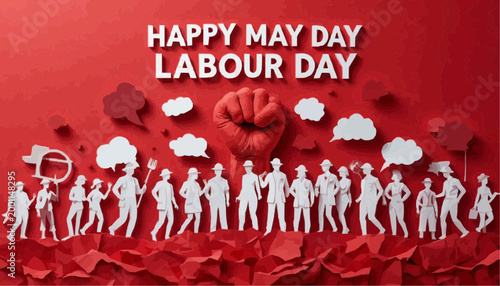 Strong red fist unites diverse workers symbolizing unity. Bold text celebrates May Day with clear, celebratory tone. Workers depicted in gear, tools, and hats reflect labor pride