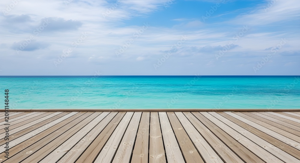Fototapeta premium Serene beach vista a wooden boardwalk leads to turquoise waters under a bright cloud speckled sky