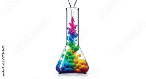 Colorful ink diffusing in a laboratory flask during a science experiment with chemical reaction conical flask erlenmeyer flask fluid dynamics