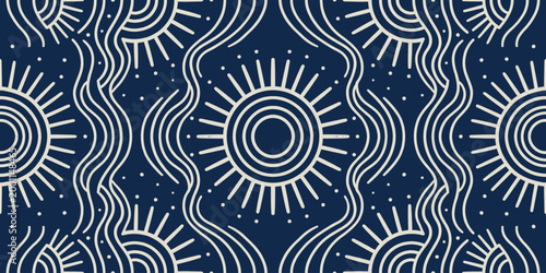 Tableau sur toile Seamless tribal sun pattern with wavy lines and celestial symbols on navy blue b