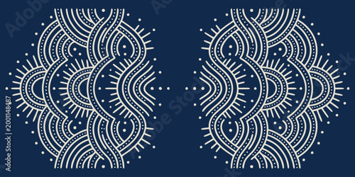 Hand drawn bohemian ethnic pattern with dots and wavy lines on blue background