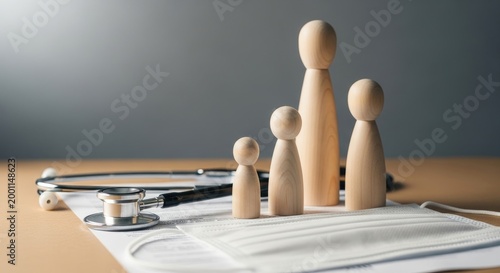 Wooden family figurines standing on medical documents with a stethoscope nearby wooden figurines healthcare