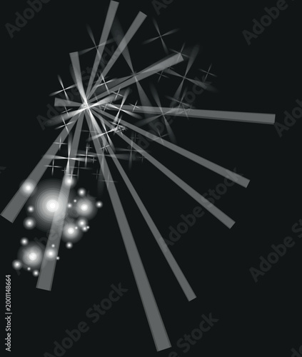 Abstract Glowing White Light Beams and Sparkling Starburst Effects on Black Background: Minimalist Futuristic Energy Rays and Glint Illustration for Creative Graphic Design and Editing.