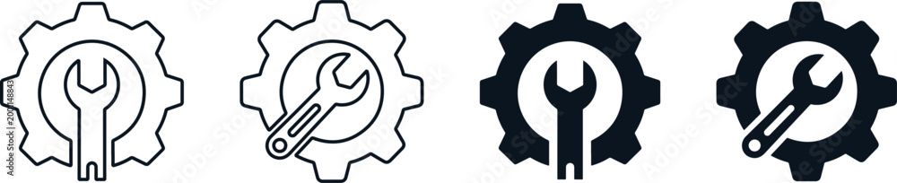 Fototapeta premium Gear and Wrench Settings Icon Set, Maintenance and Technical Support Symbols for Engineering and Repair Services