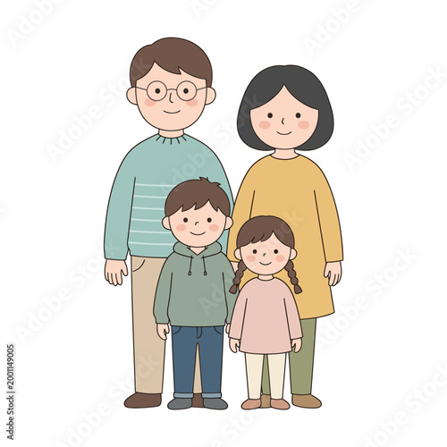 A cartoon family of four stands together indoors smiling happily