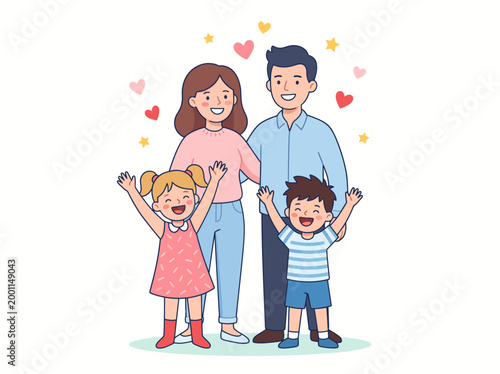 A loving family with a young girl and boy stands happily together.