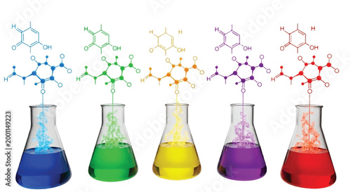 Five laboratory flasks with colored liquids and chemical molecule structures above organic chemistry laboratory equipment chemistry laboratory