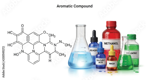 Aromatic compound chemical structure with various laboratory bottles of liquids organic chemistry aromatic compound molecule chemical