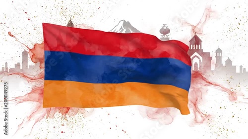 Animated sequence of flapping Armenian flags with cityscape silhouette in the background showcasing national pride and dynamic