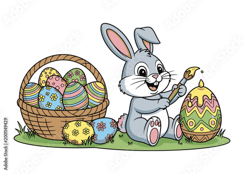 Cute gray Easter bunny sitting on green grass, happily painting a colorful egg with a paintbrush and basket.