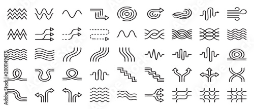 Collection of diverse abstract line art icons representing movement direction and waves