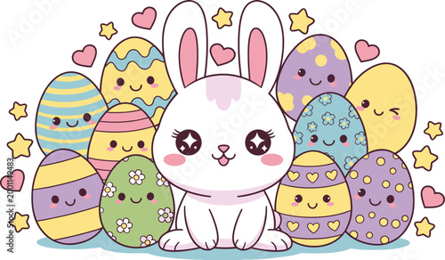 Adorable kawaii white Easter bunny sits happily among a vibrant collection of smiling, decorated Easter eggs, hearts, and stars, exuding a cheerful holiday mood.