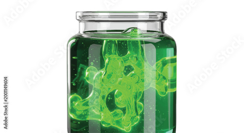 Green chemical reaction in a glass jar with green liquid science and technology laboratory experiment bubbling container substance research