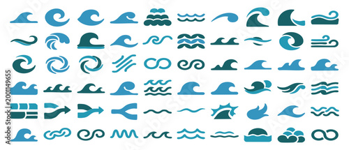 Collection of diverse ocean wave and water symbol illustrations in various artistic styles