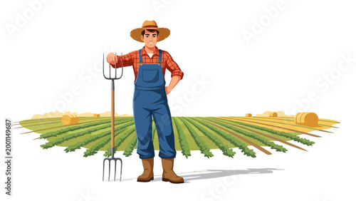 Farmer standing in field with pitchfork.