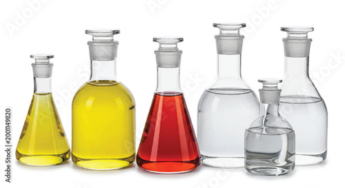 Assortment of laboratory glassware containing colorful liquids with chemical bottles colored liquids lab equipment scientific research test tube