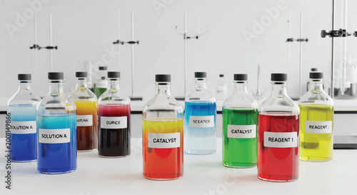 Variety of labeled chemical bottles in a laboratory setting with labeled chemicals colored liquids lab equipment scientific research science