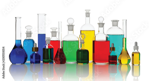 Collection of assorted scientific glassware filled with colorful liquids glass bottles colored liquids laboratory equipment scientific research