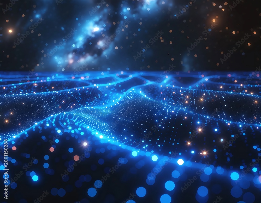 Obraz premium Abstract Blue Light Wave Particles in Space with Stars and Nebula.