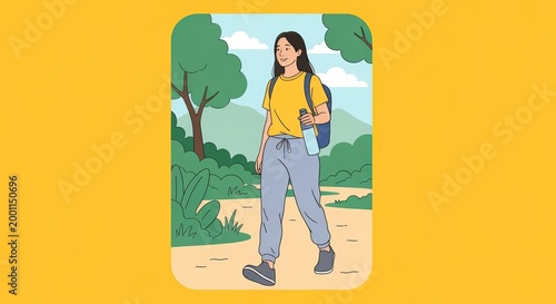 Young Asian woman blissfully enjoying a nature walk in a serene park surrounded by lush greenery