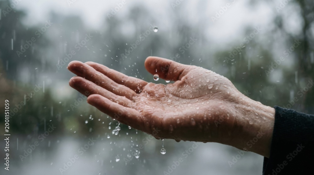 Fototapeta premium Hand outstretched to catch raindrops during a refreshing summer shower.