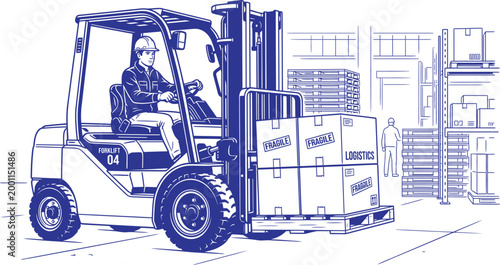 A worker with a blue forklift truck loading cargo boxes on pallets inside a warehouse