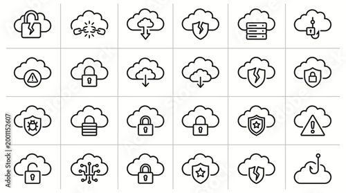 Vector Icons Set of Cloud Computing Security and Cyber Threat Line Icons. EPS Editable. Vector Illustrations.
