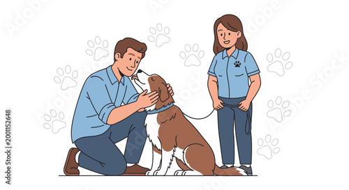 Man kneeling with brown dog.