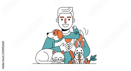Man with pets and animals sitting.