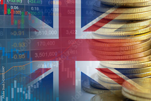 Stock market investment trading financial, coin and UK United Kingdom flag.
