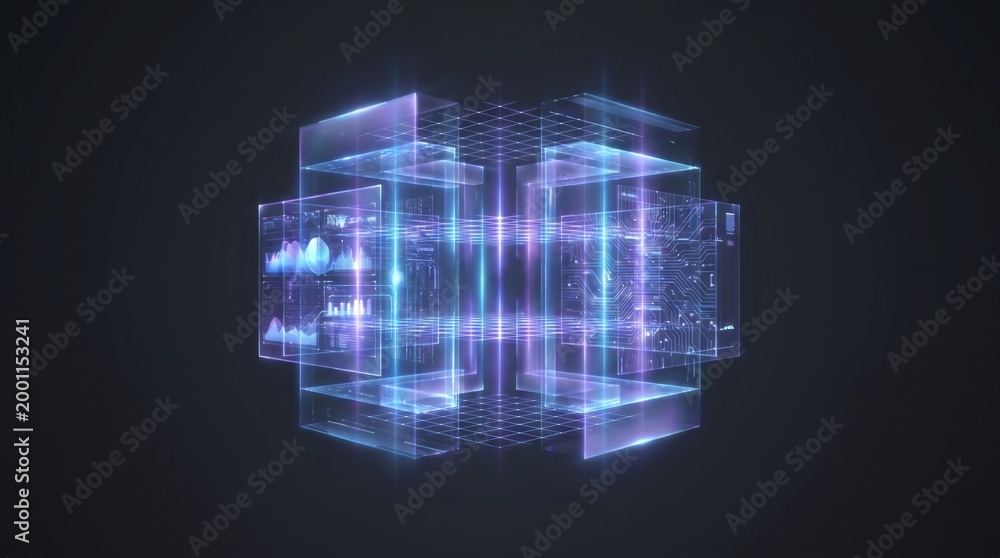 Obraz premium Abstract glowing transparent cube representing complex digital data analysis and artificial intelligence within a structured network environment for advanced computational processing.