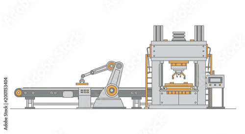 Automated industrial production line with robotic arm and machinery