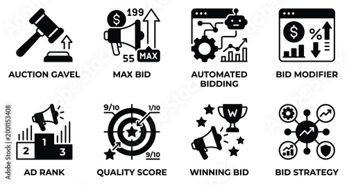 Auction gavel max bid automated bidding bid modifier ad rank quality score winning bid strategy.