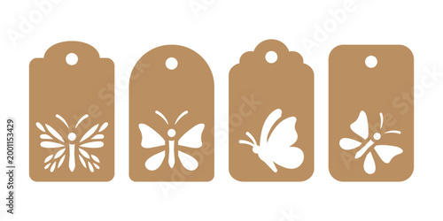 Set of decorative tag shapes with butterfly. Gift or price tags stencils. Vector templates for cutting. Craft paper or cardboard label for gift wrapping