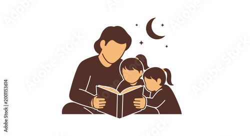 Parent reading a bedtime story to two children under a starry night sky