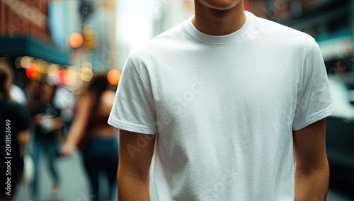 Casual city street scene with a person wearing a plain white t-shirt