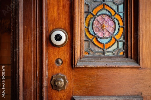 Ornate wooden door with stained glass window and brass hardware