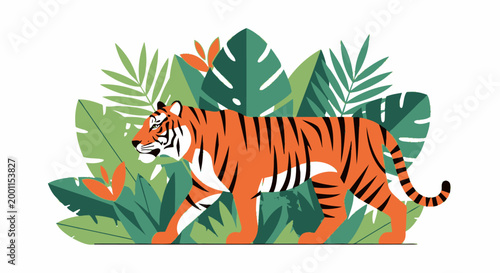 Bengal tiger walking through green tropical jungle leaves illustration