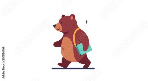 Cartoon brown bear walking with a bag on white background