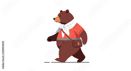 Cartoon brown bear walking with messenger bag on white background