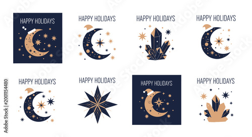 Celestial Christmas holiday greeting cards with moon and stars