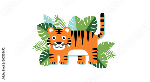 Cute cartoon tiger standing among tropical jungle leaves