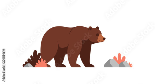 Flat brown bear illustration walking in nature on white background