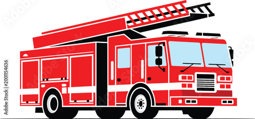 Emergency fire truck illustration, red ladder vehicle icon for firefighting rescue services safety awareness and emergency response design.