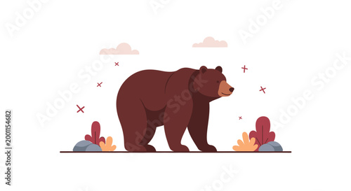 Flat illustration of a grizzly brown bear in nature