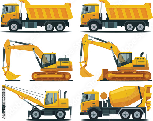 Construction equipment illustration set, detailed truck dumper excavator mobile crane and dozer for building, engineering, and industrial projects.