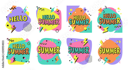 Colorful retro Hello Summer badges in Memphis design style