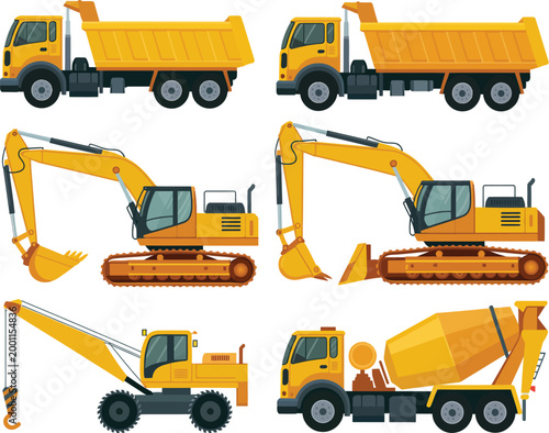 Construction machinery vehicles illustration set, detailed truck dumper excavator mobile crane and dozer for engineering, building, and industrial projects.